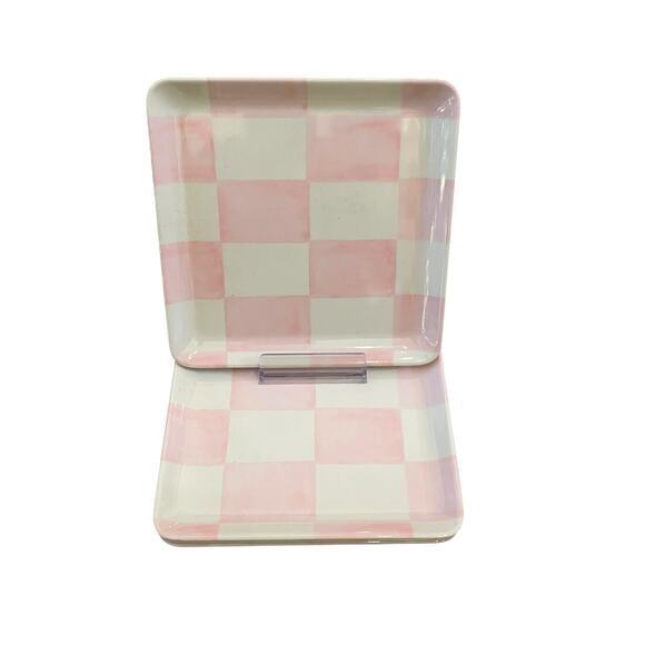 Pink & White Checkered Melamine Appetizer Dessert Plates 6in Square NEW - Picture 1 of 11